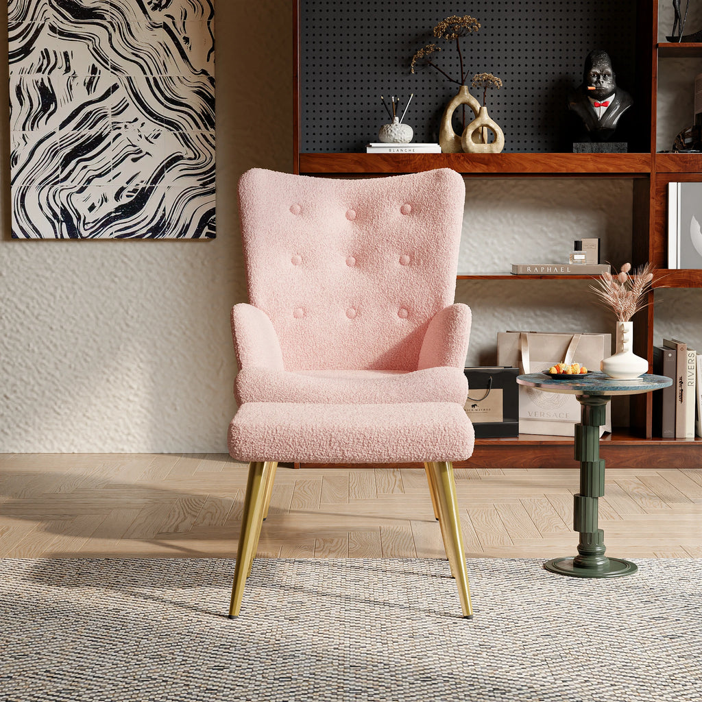 Różowy fotel wypoczynkowy z podnóżkiem