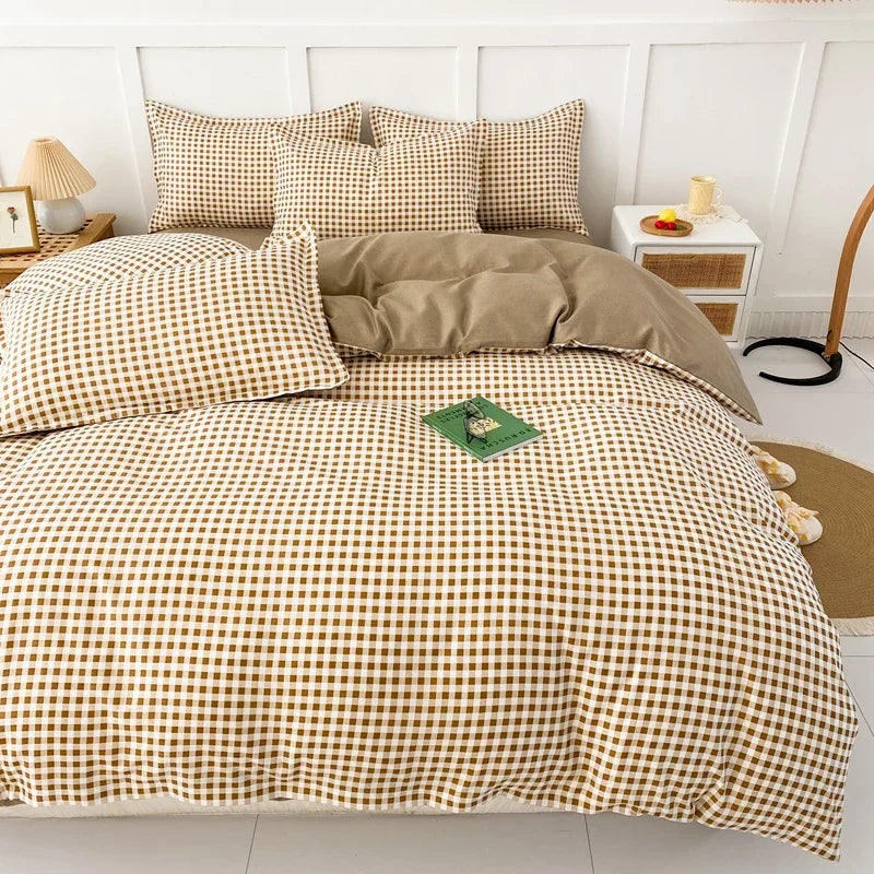 Pokrowiec na kołdrę w kratkę w odcieniach khaki