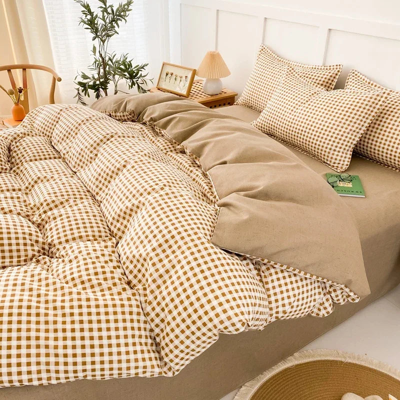 Pokrowiec na kołdrę w kratkę w odcieniach khaki