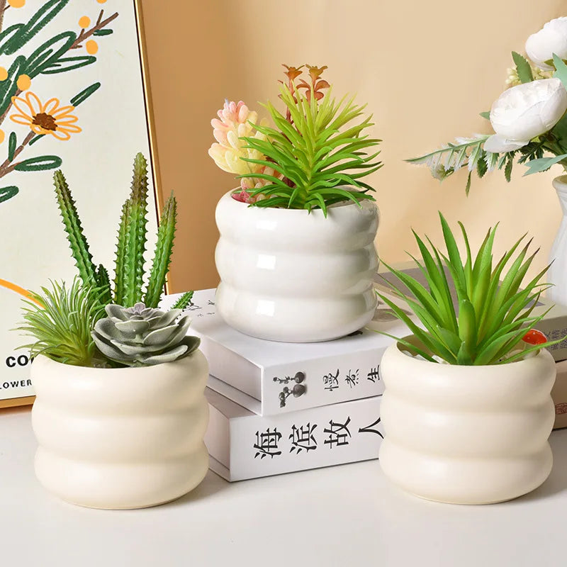 Zestaw Doniczek Ceramicznych Bąbelki i Paski - Minimalistyczna Kolekcja
